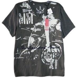 Buffalo Jeans Men's Size M Dark Grayk Heather V-Neck T Shirt Motorcicle Print